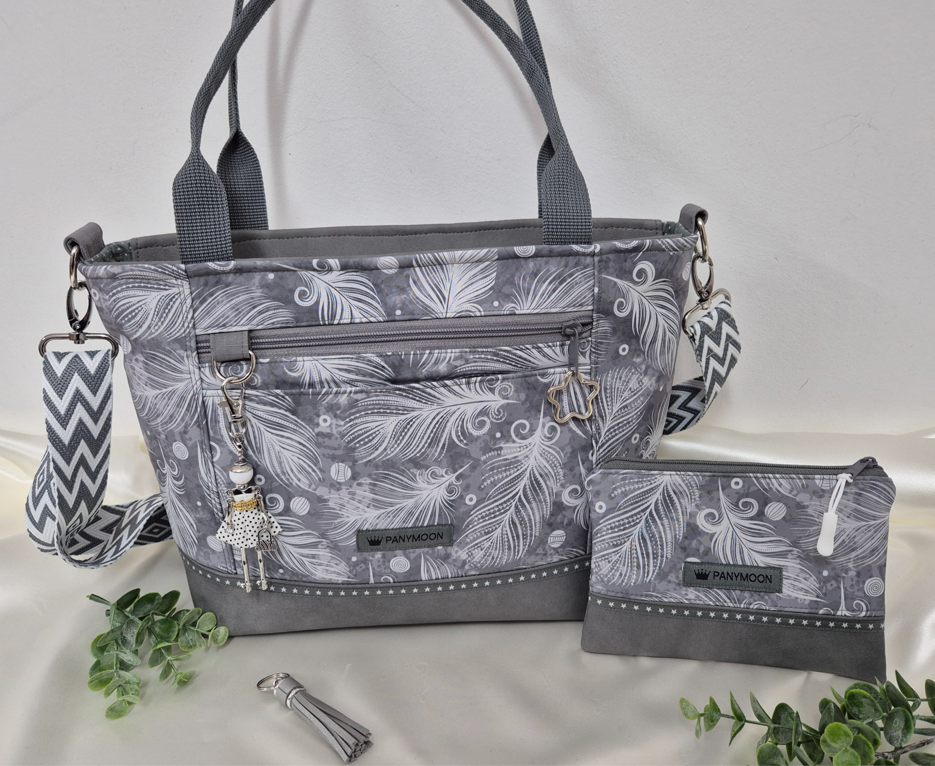 2in1-Lisa Shopper Tasche & Claire Allerlei Täschli - Federn grau