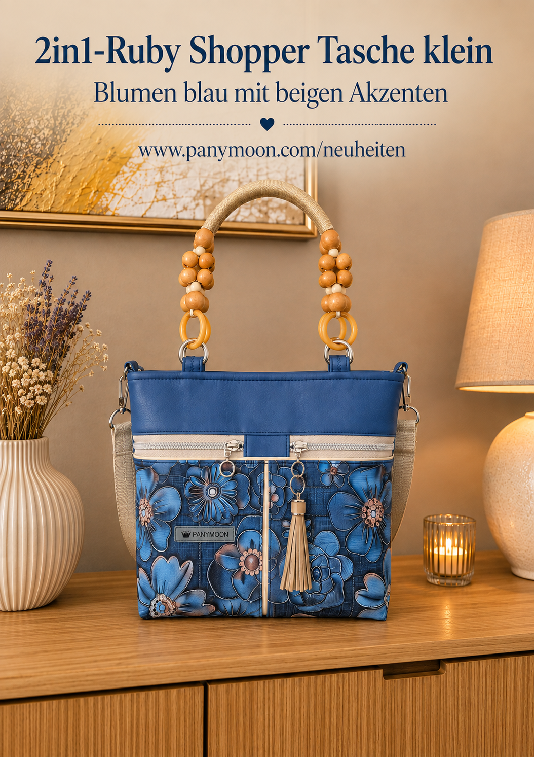 2in1-Ruby Shopper Tasche klein - Blumen blau mit Beige Akzente