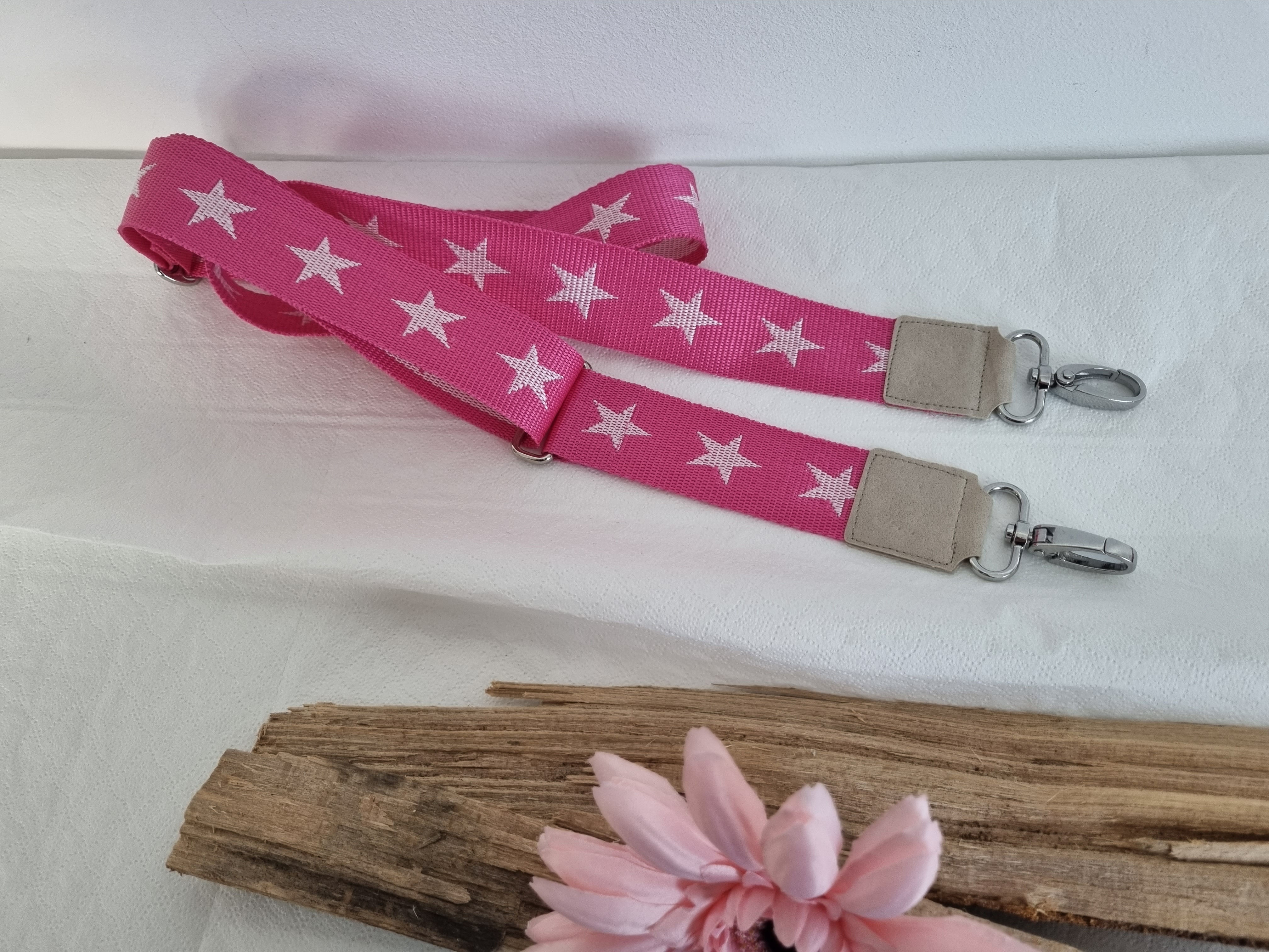Trageband für Taschen - Sterne weiss auf pink Endstück taupe