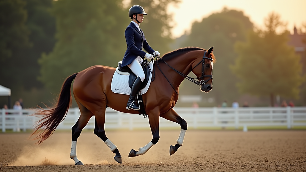 Close-up view of a horse and rider practicing dressage movements