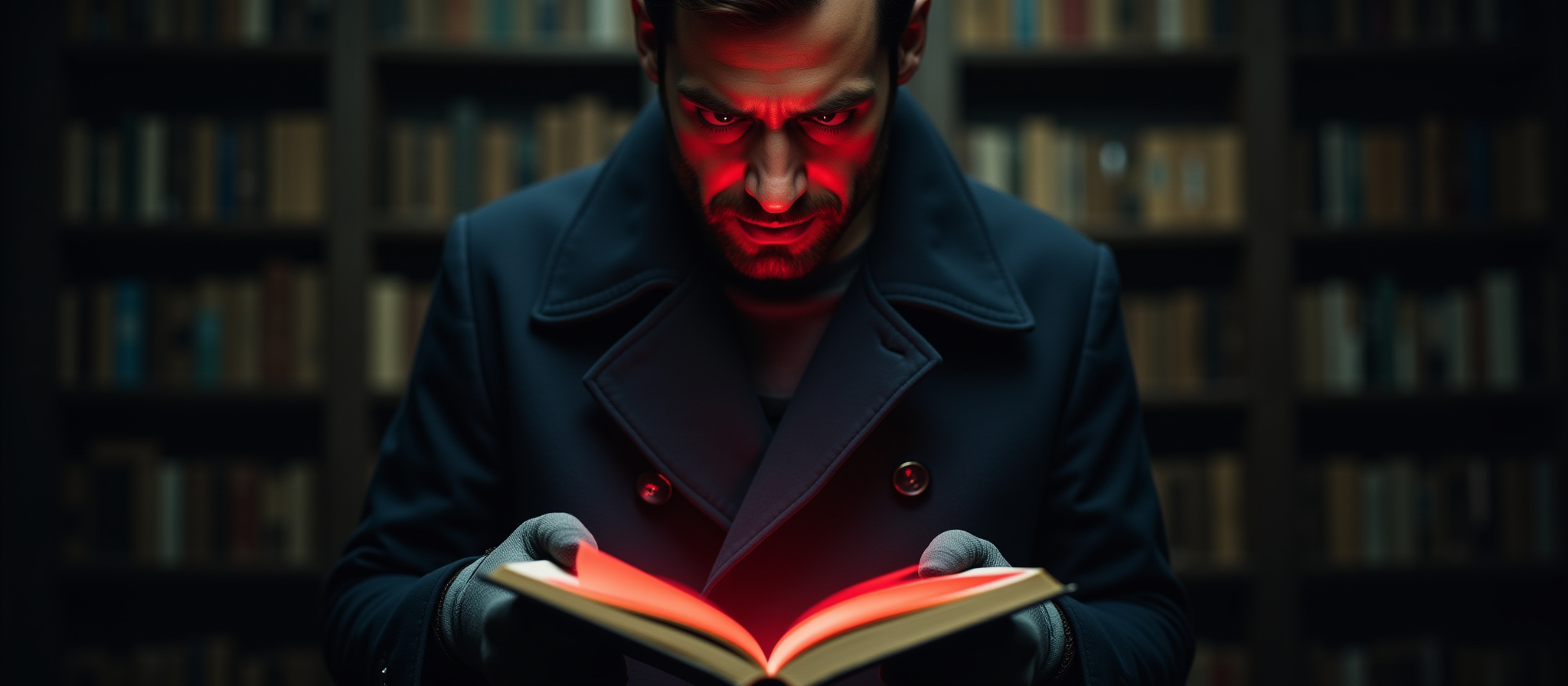Man in coat reading book with red pages, The Fiction Bureau.