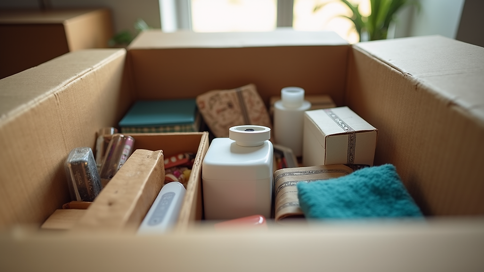 Eye-level view of a neatly organized moving box filled with household items