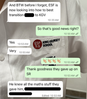 Text message conversation showing parent sharing that ESF school is looking into transitioning their child to KGV mainstream school, with celebration emojis, and thanking that they gave up on special needs school placement, with King George V School uniform visible in background