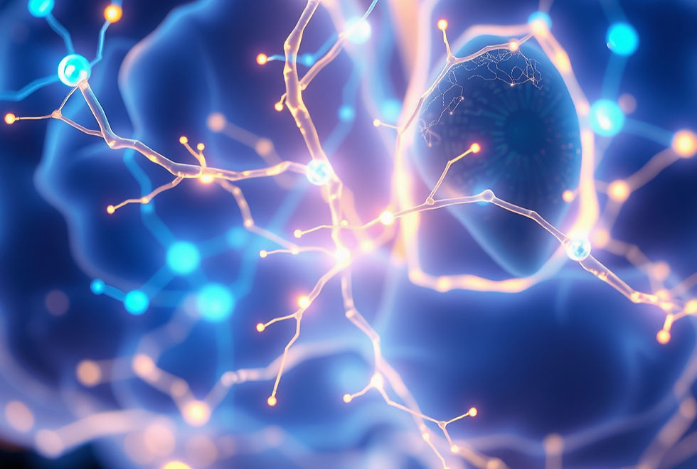Close-up of a child's brain neural pathways: Abstract artistic representation of glowing neural networks and synapses firing in a developing brain, with bright blue and gold electrical connections forming pathways. The image should convey learning and brain development in progress. Soft, ethereal lighting with a scientific yet beautiful aesthetic. Digital art style with translucent, flowing connections.