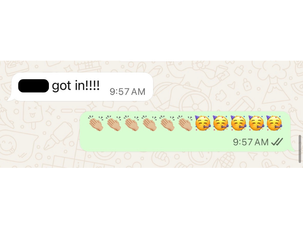 Text message conversation showing parent excitedly announcing that their child 'got in' to school, followed by celebratory clapping and happy crying emojis, indicating successful school acceptance after previous rejection