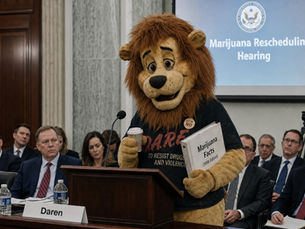 A worn D.A.R.E. lion mascot stands behind the podium at a fictional federal marijuana rescheduling hearing while government officials listen.