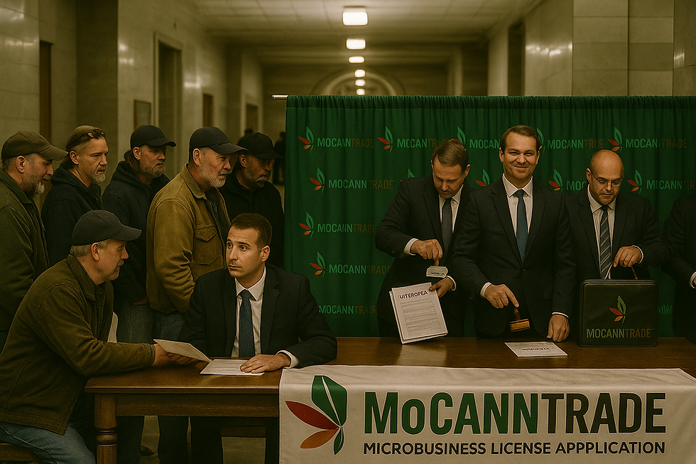 Photojournalistic image showing a MoCann Trade lawyer collecting cannabis license applications from small Missouri business owners, while behind a MoCann-branded curtain, corporate executives secretly alter and claim the licenses — symbolizing corruption in Missouri’s cannabis equity program.