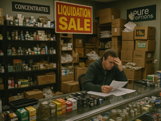 Photo of a Michigan cannabis dispensary overwhelmed with unsold inventory. Boxes of product line the floor while stressed employees manage clearance sales.