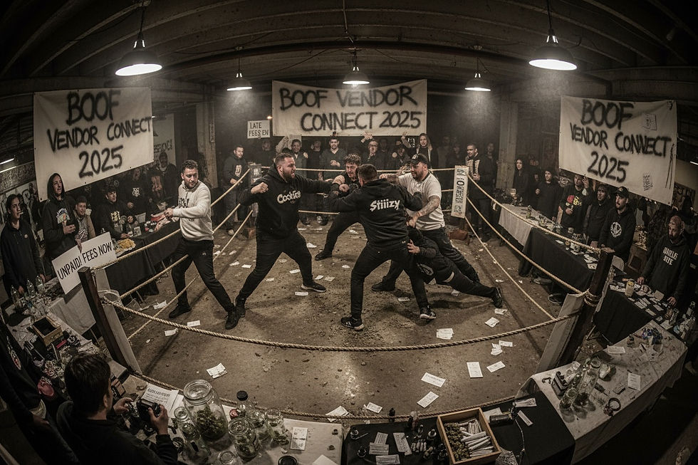 A chaotic trade show scene inside a warehouse — vendors and brand reps in polos brawling in a boxing ring surrounded by cannabis banners, torn invoices flying like confetti.