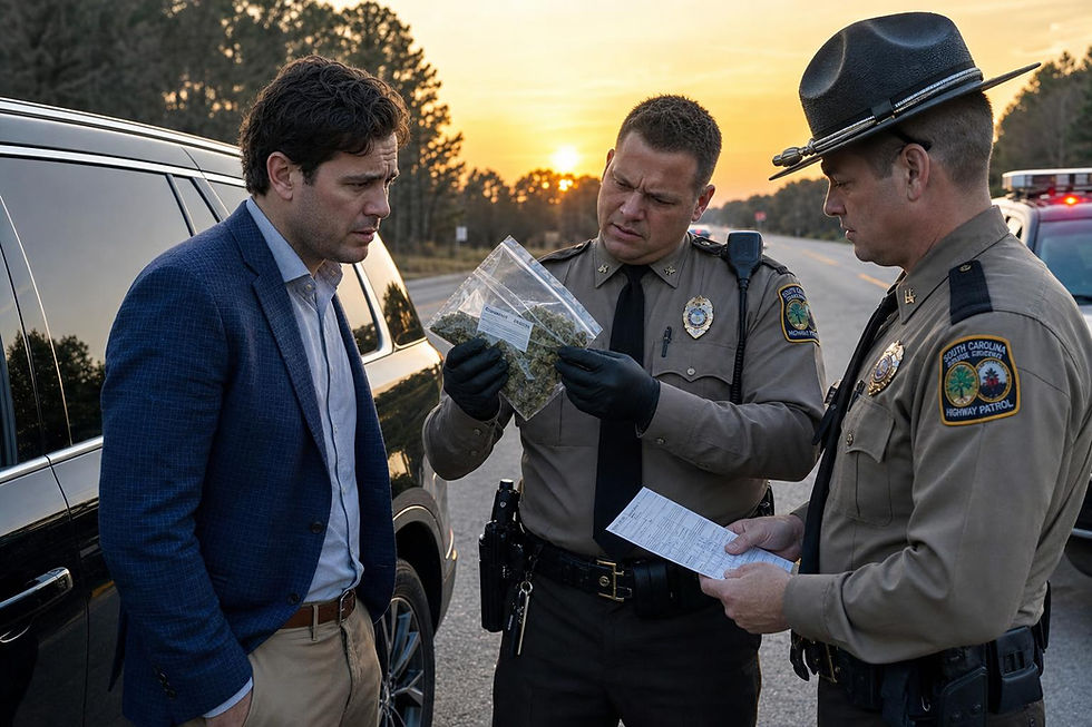 Police officers inspect cannabis flower during a traffic stop involving a cannabis executive attempting to secure a future social equity licensing advantage.