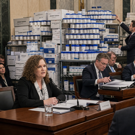 Urine specimen cup on a financial trading desk as drug-testing executives watch THC testing revenue decline.