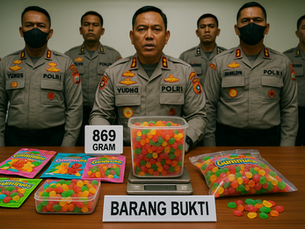 Indonesian police display boxes of cannabis gummies labeled “869 grams” at a press conference, highlighting the absurdity of Jarred Shaw’s arrest and the country’s harsh drug laws.
