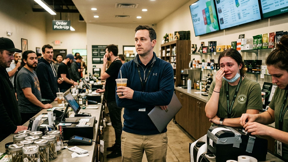 A Regional Manager stands with crossed arms inside a chaotic cannabis dispensary while overwhelmed employees manage broken registers, angry customers, and operational problems during a busy shift.