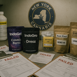Photo of failed New York cannabis products linked to pesticide contamination, featuring branded packaging from IndoGro, East End Flower Farm, and Chill Pax surrounded by compliance forms stamped “FAILED,” a pesticide spray bottle, and lab equipment — all staged to resemble an investigative newsroom exposé.