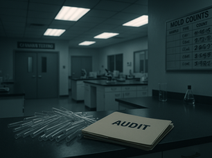 Cannabis lab with falsified test data and audit documents, symbolizing the Assured Testing Labs scandal and Massachusetts regulatory failure.