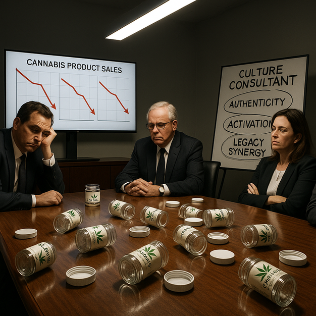 Cannabis executives in a boardroom ignoring sales data while surrounded by branded product jars