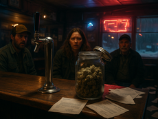 Montana bar interior with beer taps and cannabis jars mixed together, illustrating confusion after state agency merger
