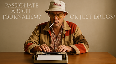 Hunter S. Thompson-inspired journalist in Boof du Jour hat types on a vintage typewriter — ‘Passionate about journalism? Or j
