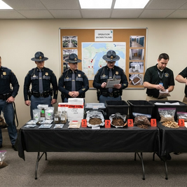 Michigan regulators display Millie Montana cannabis packages filled with dirt and mulch during a fictional reverse drug-cartel press conference.