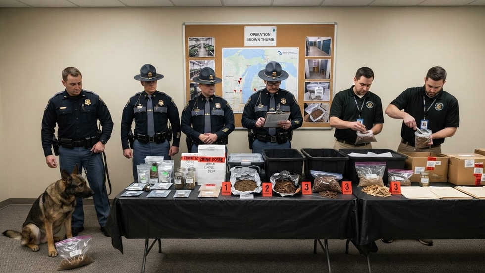 Michigan regulators display Millie Montana cannabis packages filled with dirt and mulch during a fictional reverse drug-cartel press conference.
