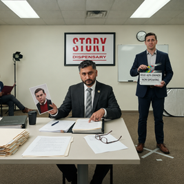 New Jersey cannabis casting call depicts Raj Mukherji reviewing social-equity applicants for a 60% majority-owner role with no speaking authority.