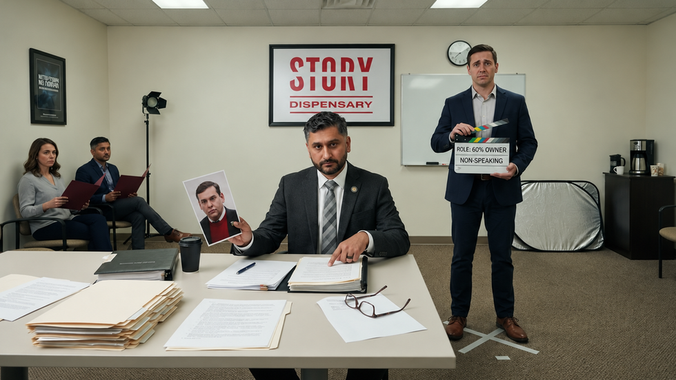 New Jersey cannabis casting call depicts Raj Mukherji reviewing social-equity applicants for a 60% majority-owner role with no speaking authority.