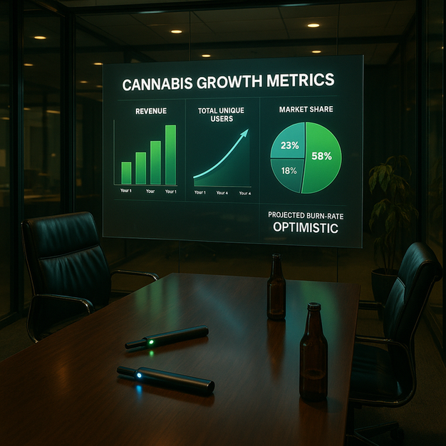 Financial pitch deck showing exaggerated cannabis growth projections in an empty boardroom