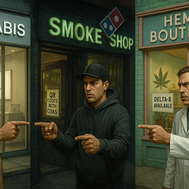 Hyper-realistic illustration of three cannabis storefronts in Connecticut, each staffed by the same man in different outfits, pointing at one another in Spider-Man meme style