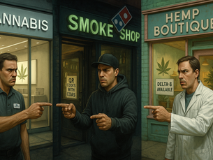 Hyper-realistic illustration of three cannabis storefronts in Connecticut, each staffed by the same man in different outfits, pointing at one another in Spider-Man meme style