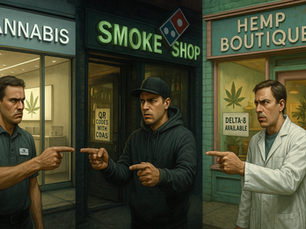 Hyper-realistic illustration of three cannabis storefronts in Connecticut, each staffed by the same man in different outfits, pointing at one another in Spider-Man meme style
