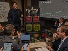Cannabis investors eat fictional Investor Gummies during a pitch meeting while ignoring warnings about no license, no cash flow, and no audited financials.