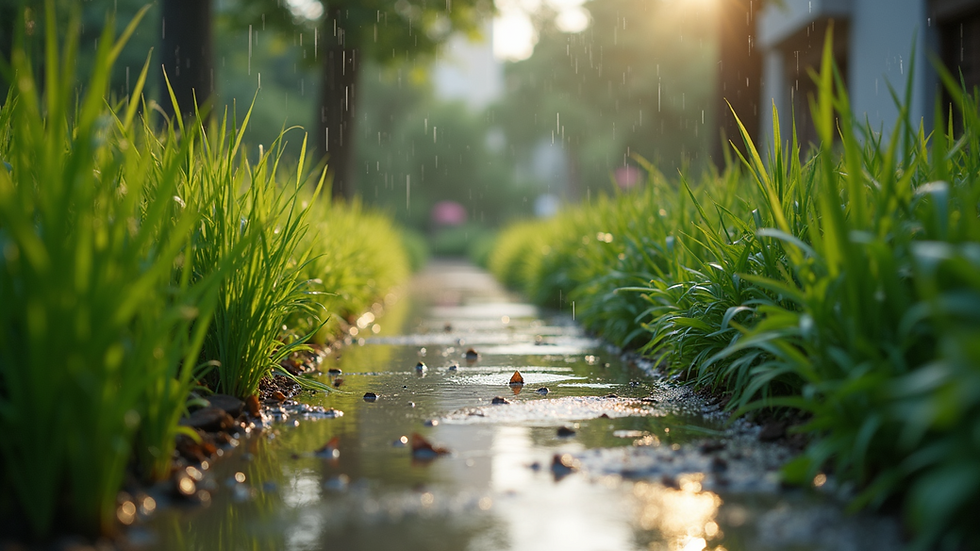 Eye-level view of a rain garden with native plants absorbing stormwater