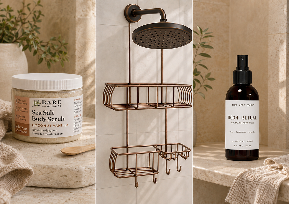 Three-panel Mama Care edit with an empty bronze shower caddy beneath a large oil-rubbed-bronze shower head, Bare Botanics Coconut Vanilla body scrub, and one Muse Apothecary Room Ritual mist