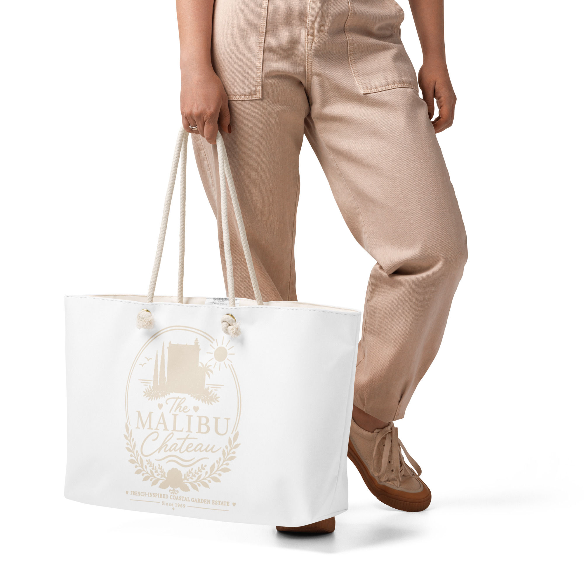 Le Petit Chateau & Malibu Chateau Dual Oversized Weekender Bag in Sand Logos