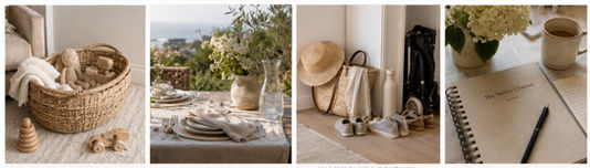 coastal Malibu rooftop garden, family home basket, and journal table in soft neutral light