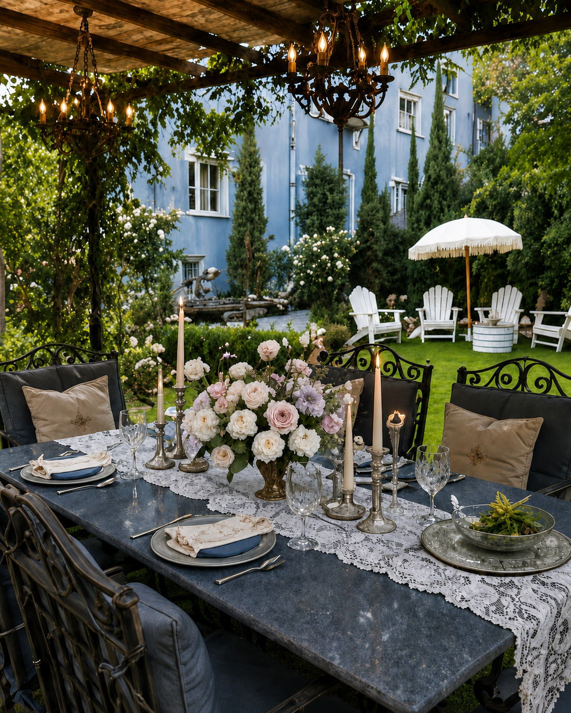 Le Petit Picnic tablescape with ivory, blush pink and pale lavender florals beneath the chandelier pergola