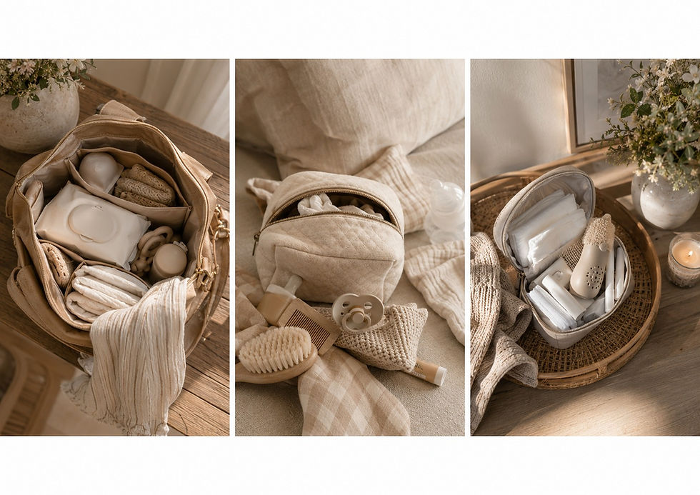 neutral diaper bag, baby wipes, pacifier pouch, small emergency kit, and soft textiles arranged in warm light