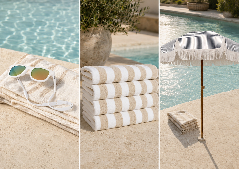 Three-panel pool-day edit with white BABY SUNNIES, four beige cabana towels, and the approved thin-pinstripe AMMSUN fringe umbrella in natural poolside light