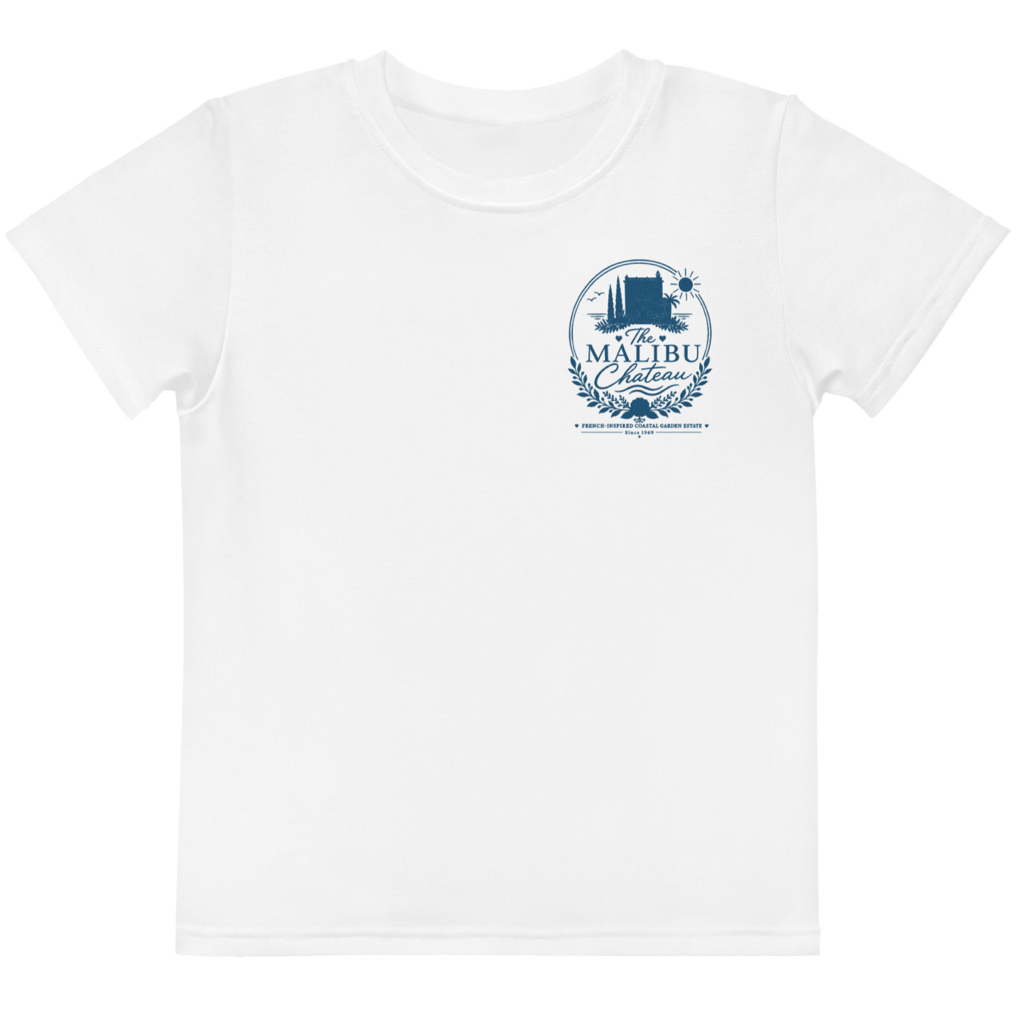 Front view of Malibu Chateau kids T-shirt with navy logo