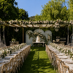 Daytime Grande Celebration with wedding cake, arched floral backdrop & champagne service beneath the Chateau pergola