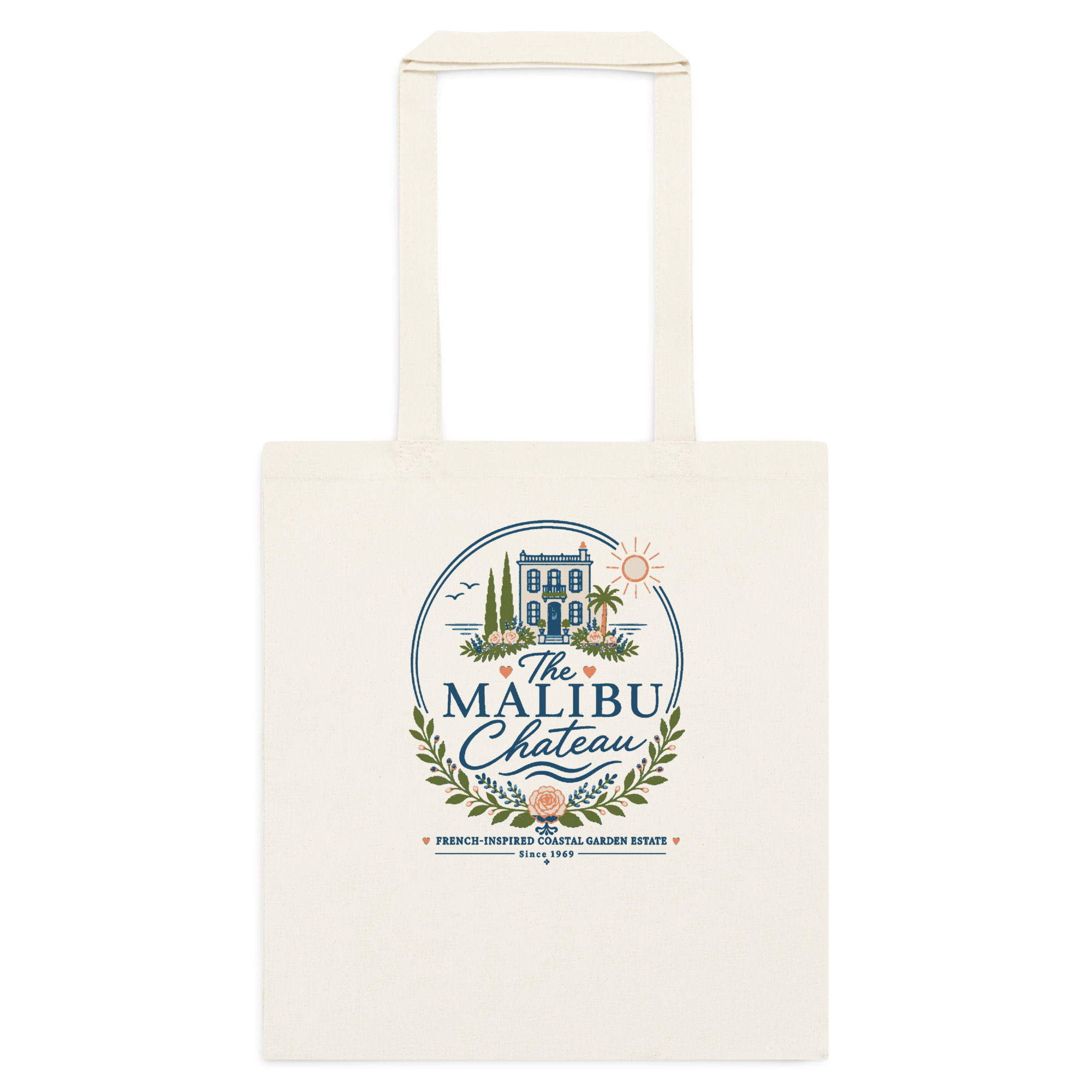 Malibu Chateau Dual Sided Cotton Tote Bag Sand and Vintage Color Logos