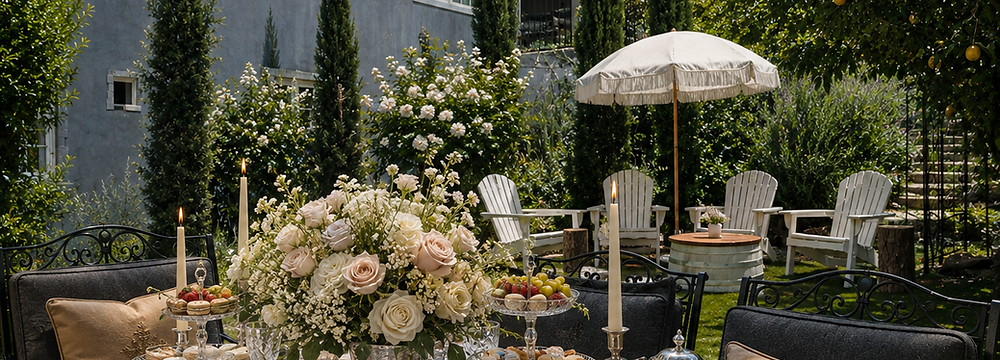 Luxury Le Petit Picnic garden tablescape with crystal dinner plates, silver service pieces, tiered trays, white florals, and the blue-gray Chateau exterior