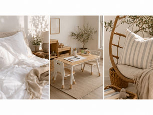 calm nursery and kid corner with white bedding, a small activity table, striped pillow, and cozy hanging chair cushion