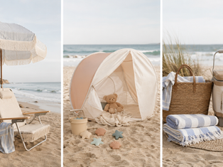 Malibu family beach essentials including shade, towels, snacks, toys and a cooler