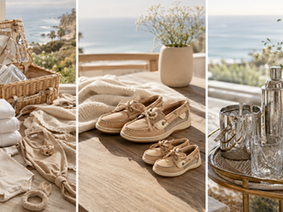 Malibu Chateau family, home, garden and hosting favorites arranged in a neutral editorial collage