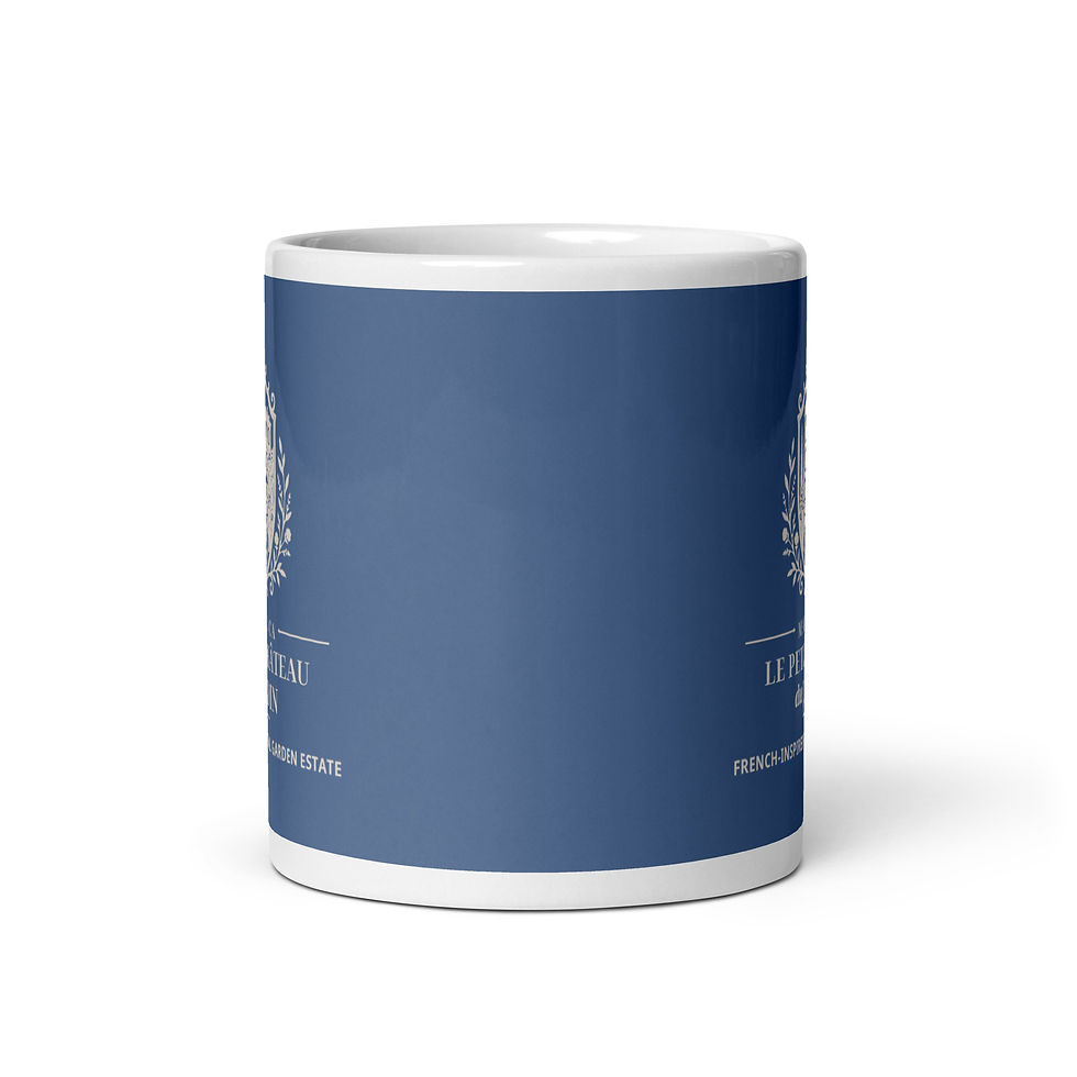Straight-on view of the Le Petit Chateau Kashmir blue and sand logo mug
