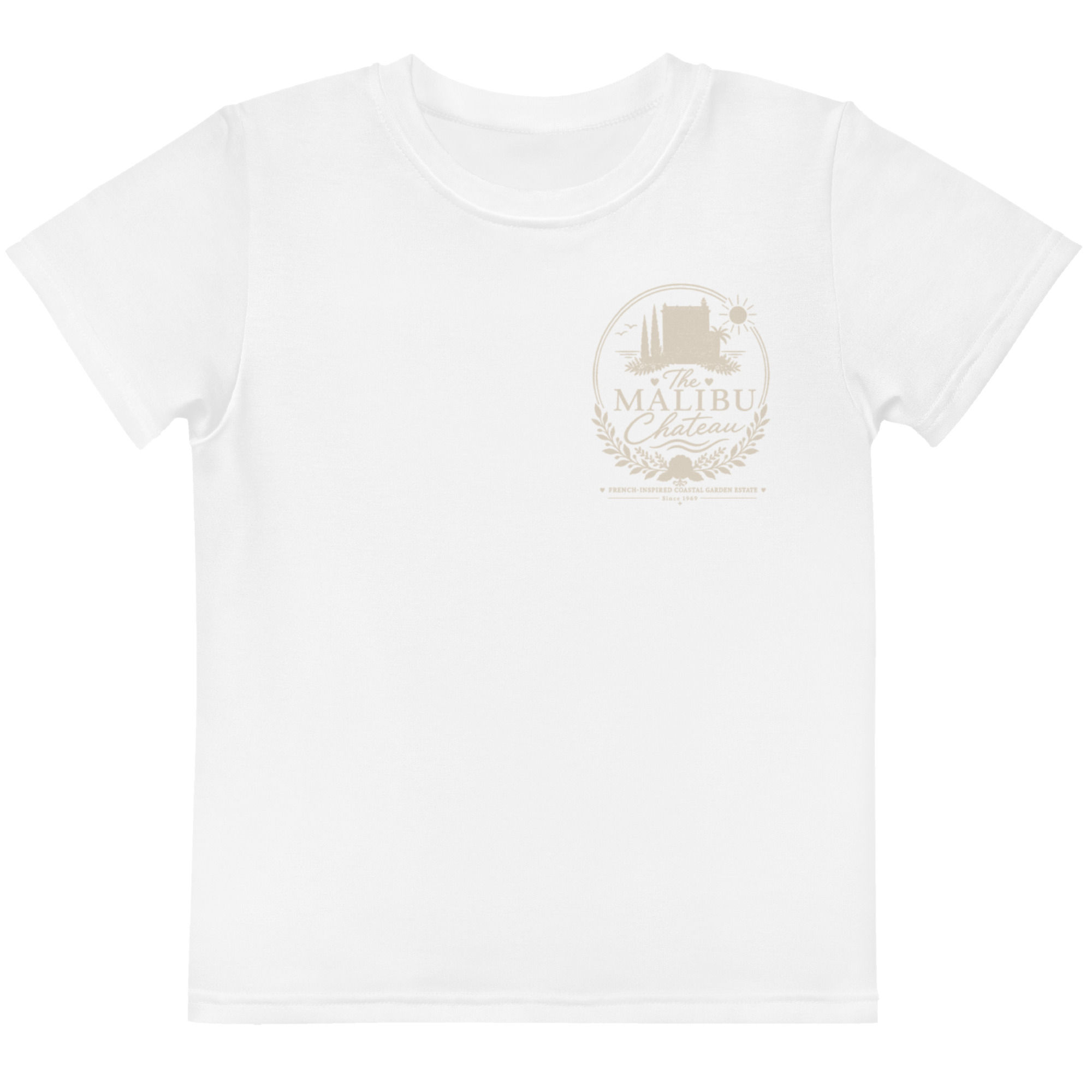Front view of Malibu Chateau kids T-shirt with sand logo
