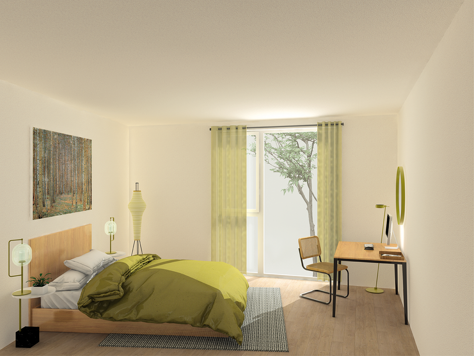 Schlafzimmer mit Bett und Schreibtisch