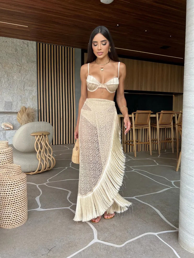 Sexy 3Pieces Push Up Bikini Set Women Swimsuit High Waist Perspective Tassel Ski
