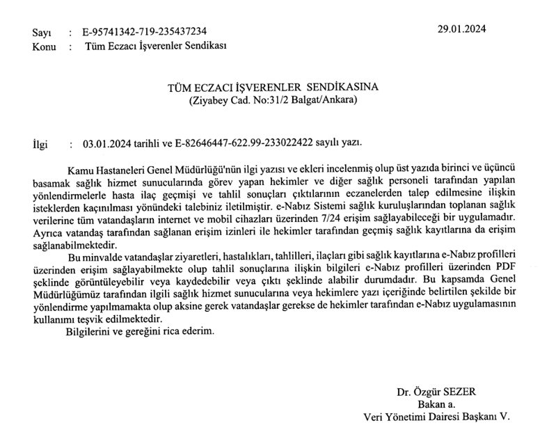SB Kamu Hastaneleri Genel Müdürlüğünden gelen cevap yazısı